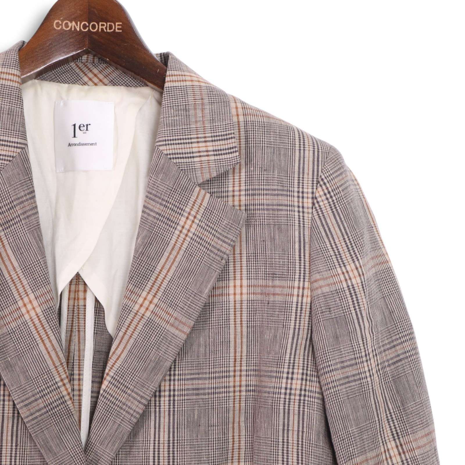 1er Arrondissement チェック柄テーラードジャケット36 美品 1er Arrondissement プルミエ アロンディスモン 春夏 麻100