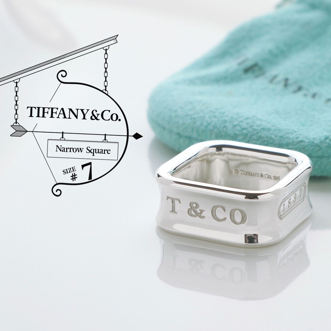極美品 TIFFANY&Co. ティファニー ナローリング スクエア リング 7号相当 スターリング シルバー AG 925 1837 ナロー リング