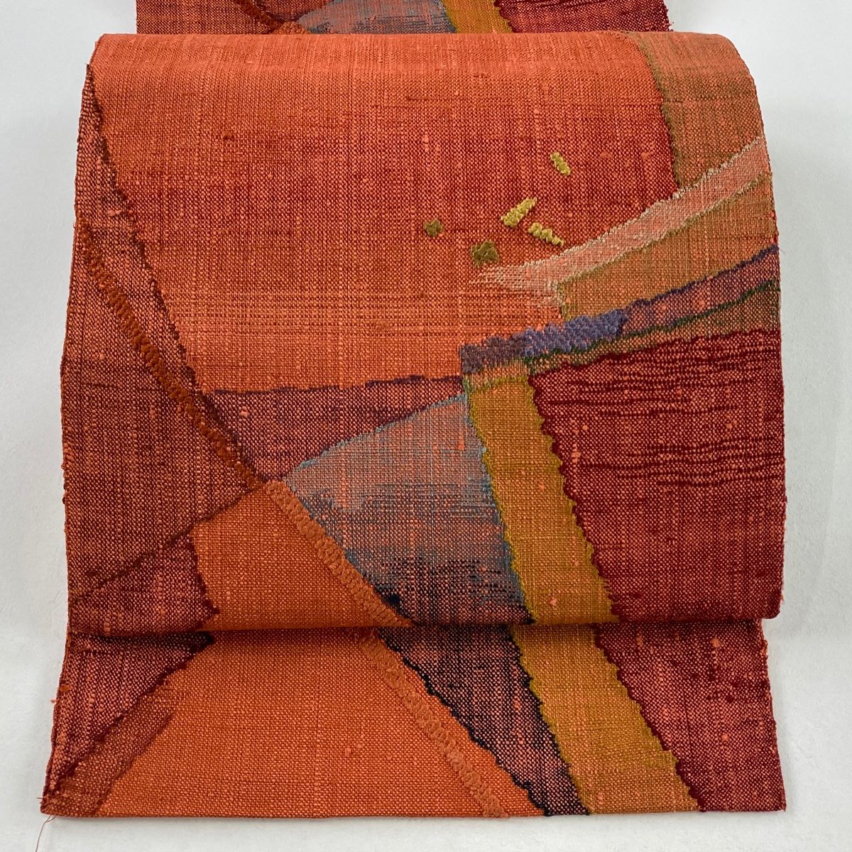 名古屋帯 秀品 証紙 八寸名古屋帯 松葉仕立て 幾何学模様 朱色 正絹