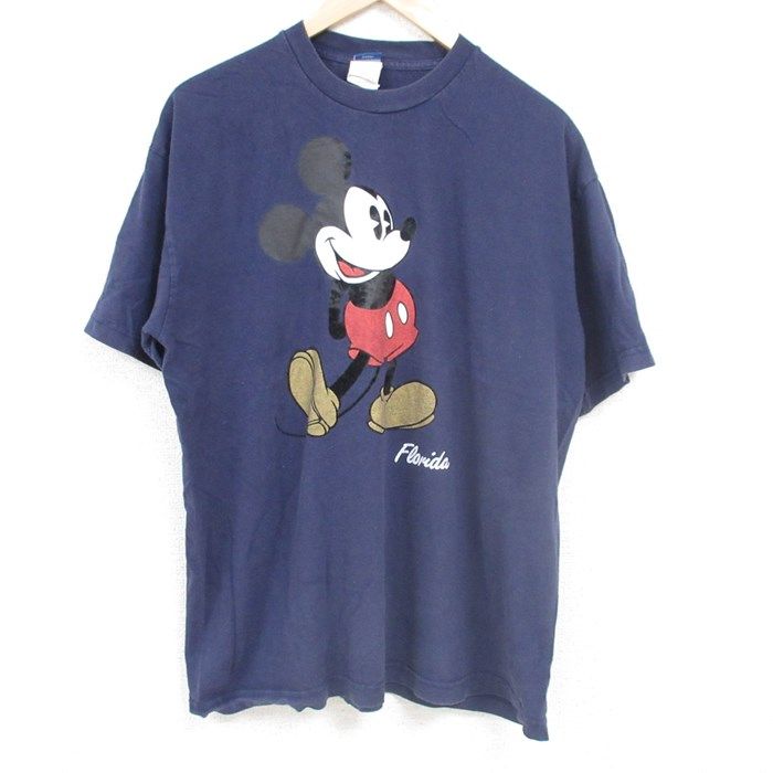 XL/古着 半袖 Tシャツ メンズ ディズニー DISNEY ミッキー MICKEY MOUSE コットン クルーネック 紺 ネイビー 24jun12 中古