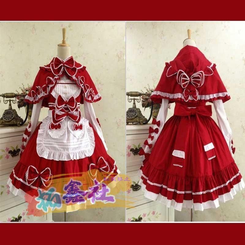 受注生産|S|M|L|XL|2XL 赤ずきん ロリータ 洋服 マント メイド ワンピース コスプレ レース 赤 レッド 4点セット