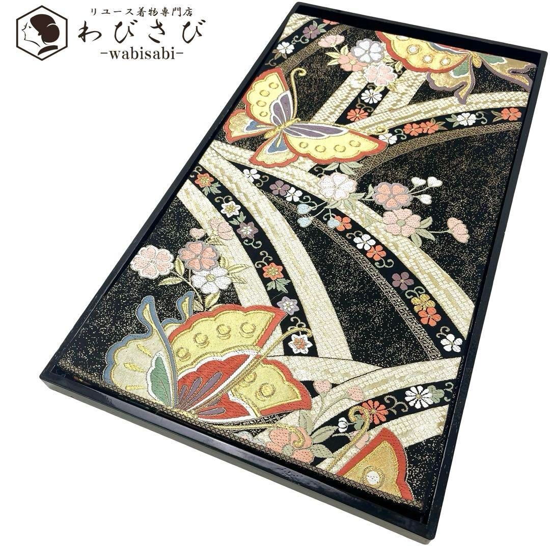 袋帯 蝶々に花柄模様 黒色 金糸 振袖 O-4006 - メルカリ 