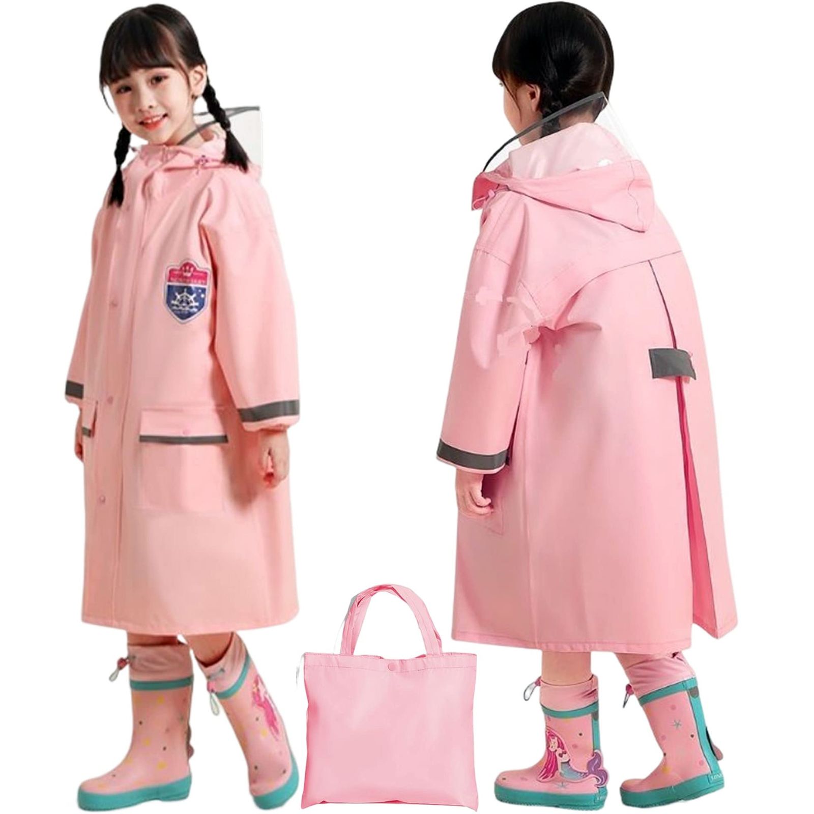  [十色屋] 【保育士推薦】 レインコート キッズ かわいい カッパ レインウェア ポンチョ 雨具 ランドセル対応 女の子 男の子 通学 厚手 はっ水 防水 収納袋付き (ピンク, L) [ピンク] [L] 帯・兵児帯
