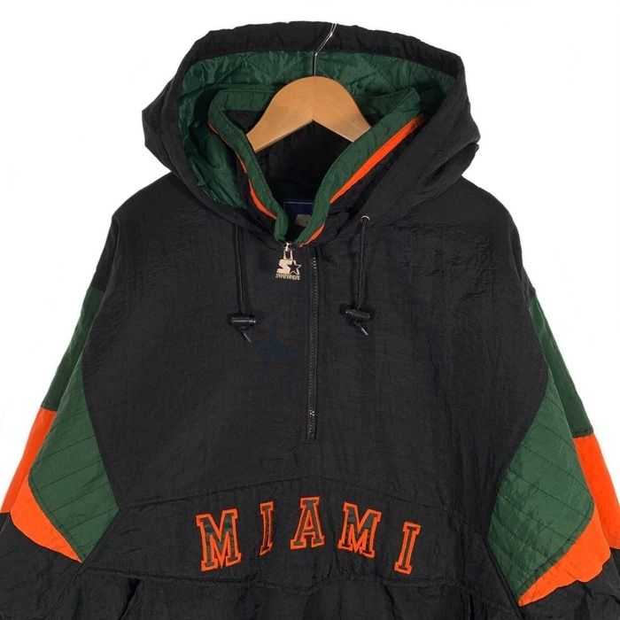 90's STARTER スターター マイアミハリケーンズ 大学 ナイロン プルオーバーパーカー 中綿 ブラック 韓国製 Size XL 90's STARTER スターター マイアミハリケーンズ 大学 ナイロン プル