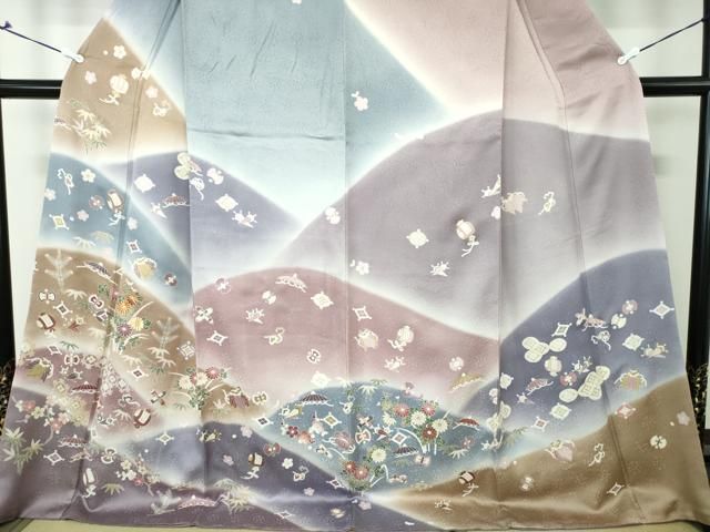 平和屋着物●訪問着　駒刺繍　宝尽くし花文　暈し染め　金彩　ロング丈　正絹　逸品　DAAQ3417ps 平和屋着物○訪問着 駒刺繍 宝尽くし花文 暈し染め 金彩 ロング丈 正絹