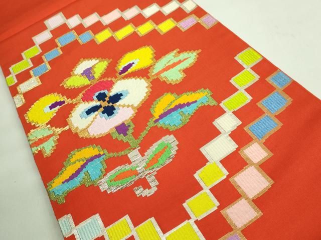 銀駒刺繍　金彩　市松模様　花模様　袋帯　着物　023a p 平和屋着物□最高級 太鼓柄袋帯 駒刺繍 刺繍 束ね熨斗花宝尽くし