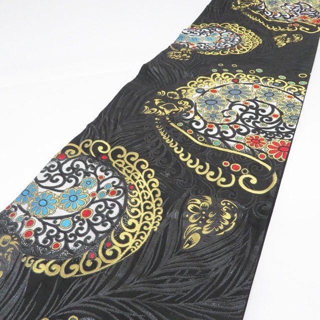 【未仕立て品】袋帯 六通柄 正絹 袋帯 中古 正絹 未仕立て 六通 花模様 箔糸 黒色 多色 金 A1223