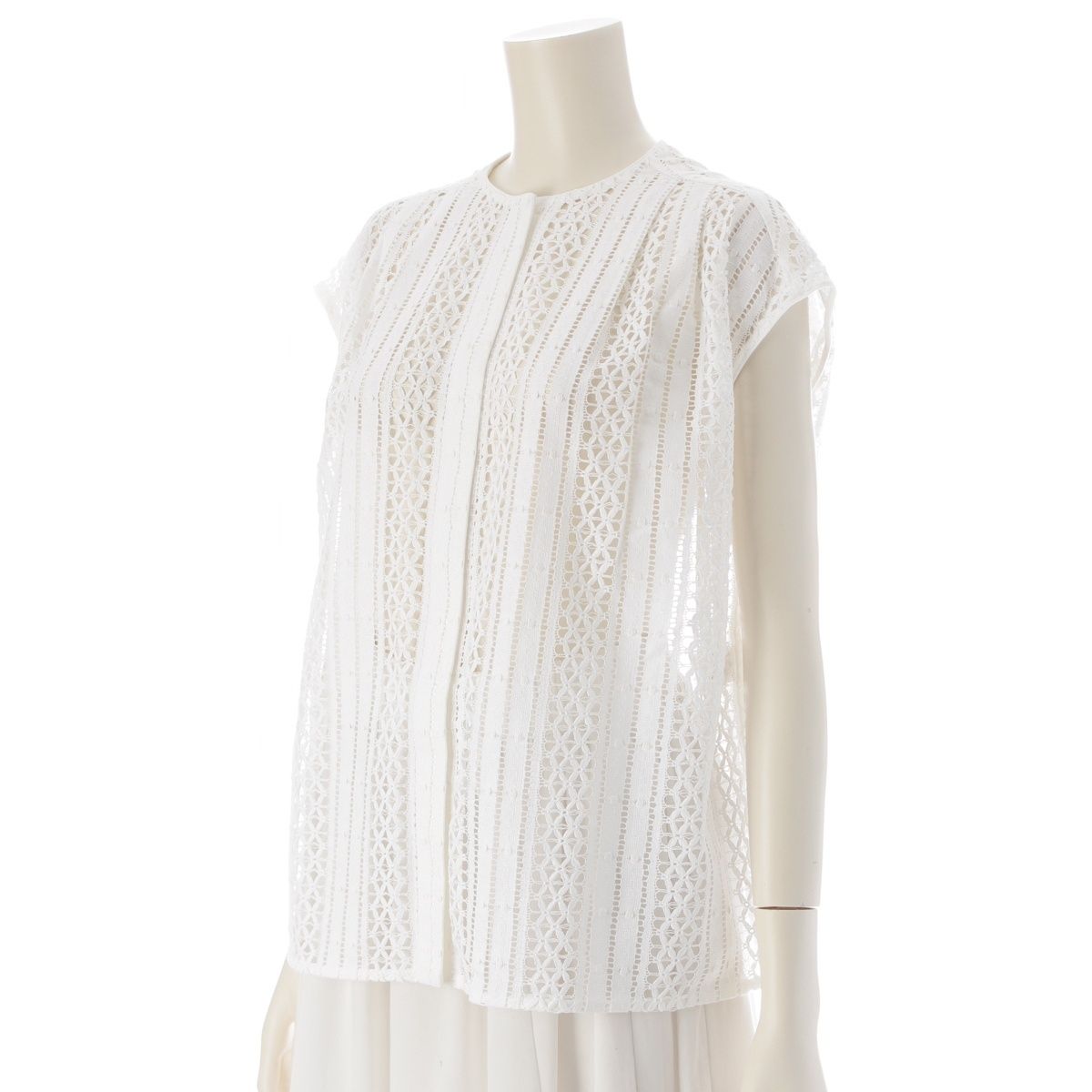 ドゥロワー 24 SS コットン エンブロ レース ストライプ フレンチスリーブ ブラウス トップス 6521-299-1185 ホワイト