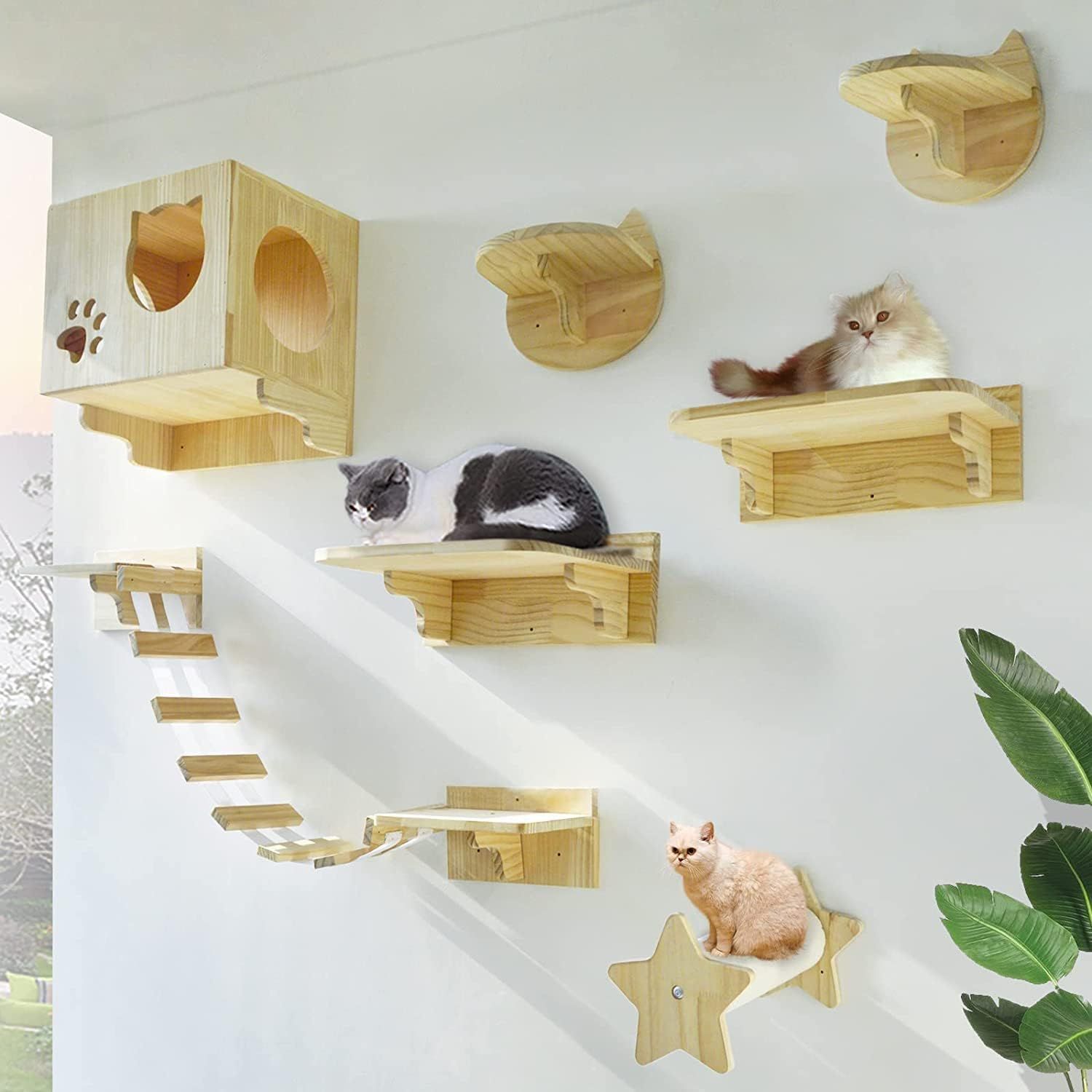 Umora 猫用 キャットタワー 猫家具 キャットステップ 猫棚 猫ハウス 木製 吊り橋 爪とぎポール キャットウォーク 壁付け 遊び場 ストレス解消 9つセット