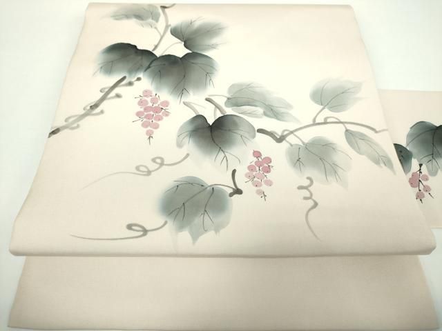 平和屋着物○塩瀬 九寸名古屋帯 手描き 葡萄蔦の葉文 正絹 逸品