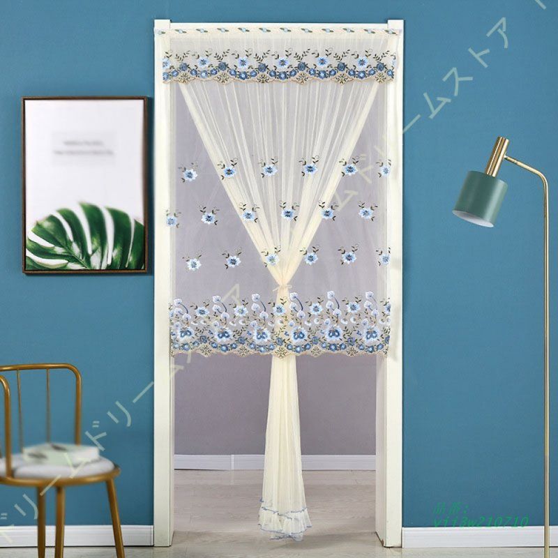 間仕切りカーテン のれん 目隠し レースカーテン 刺繍羽柄 花