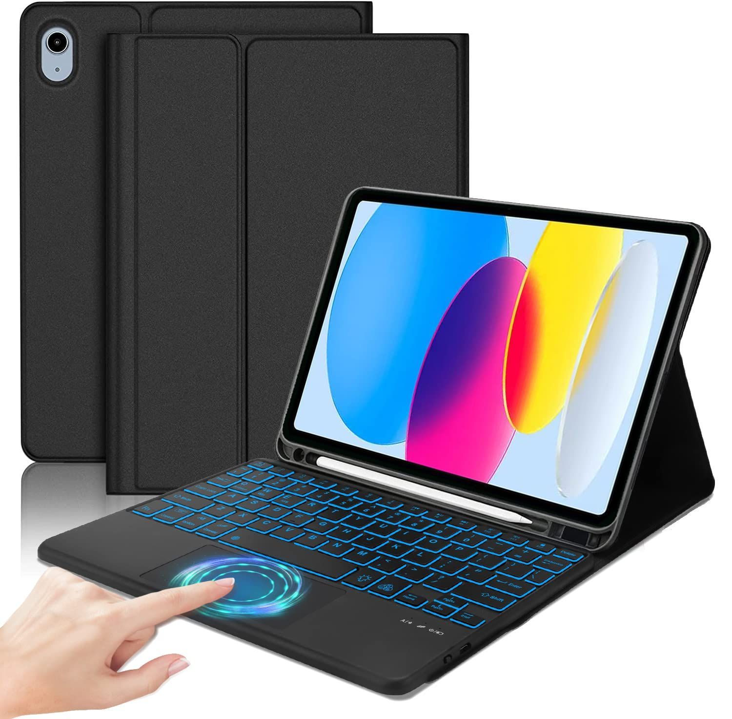 新品 [2024年進級版] iPad 第10世代 キーボード ケース 10.9インチ タッチパッド付き 7色バックライト ワイヤレス Bluetooth キーボードカバー 脱着式 多角度調整 耐衝撃 オートスリープ機能付き 薄