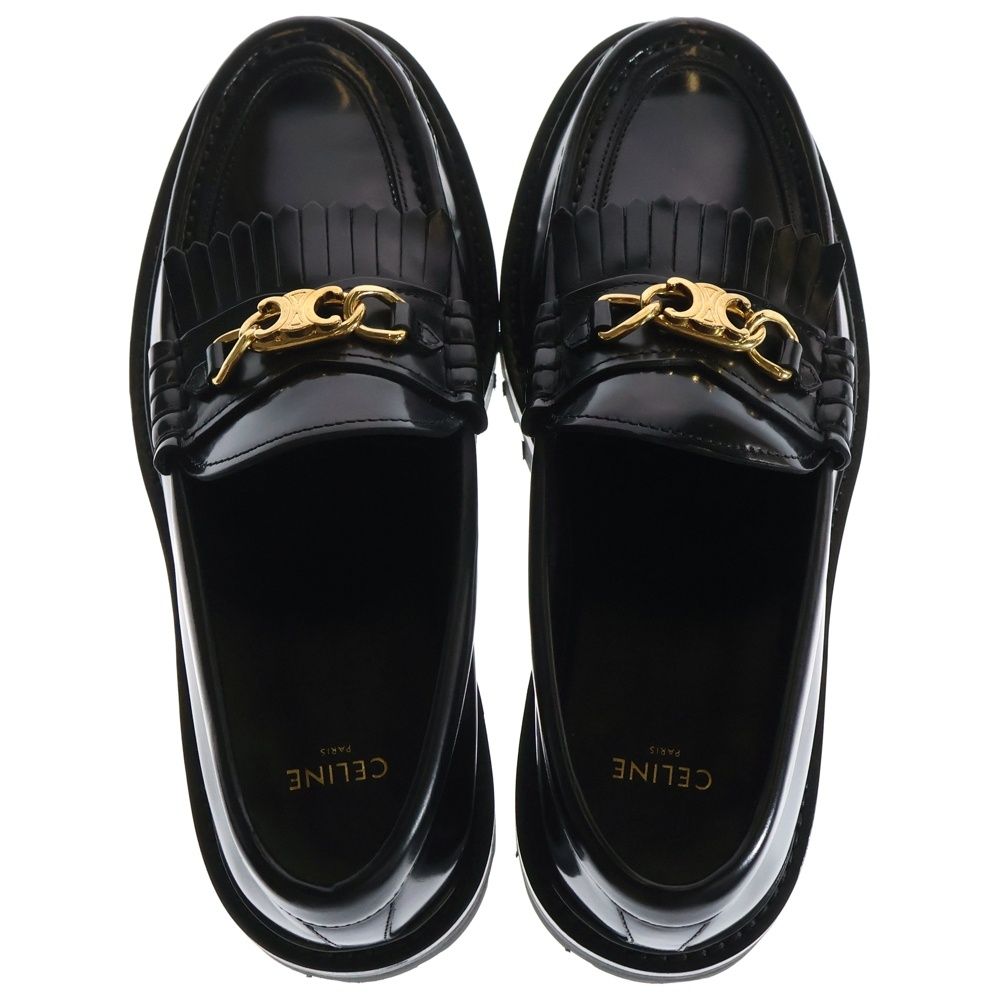 CELINE セリーヌ トリオンフ マーガレット ポリッシュドブル フリンジ レザーローファー シューズ ブラック ゴールド金具 KIN-KAAI_COM