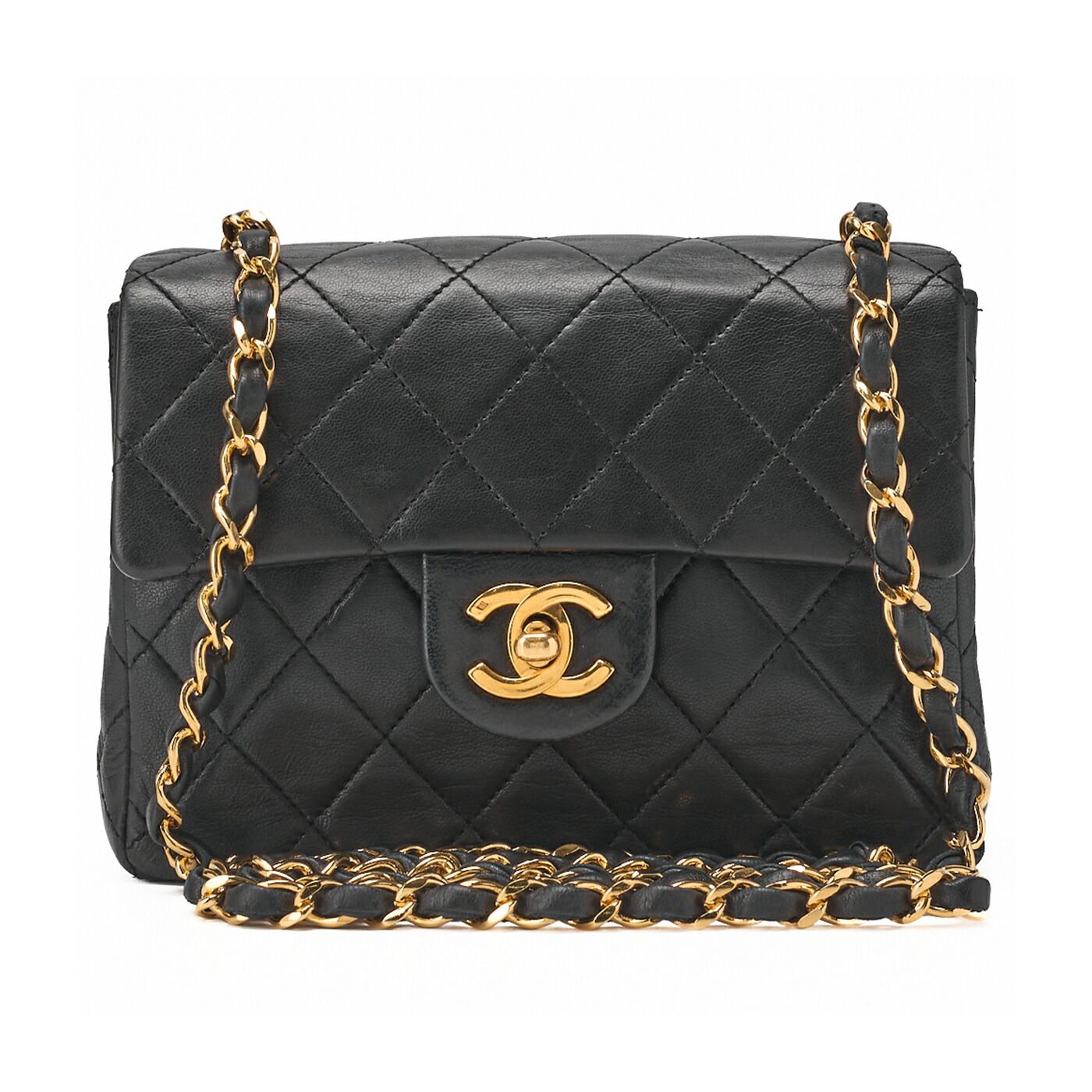 CHANEL シャネル チェーンショルダーバッグ ミニマトラッセ 18cm ラムスキン 黒 シングルフラップ ターンロックゴールド金具 レディース