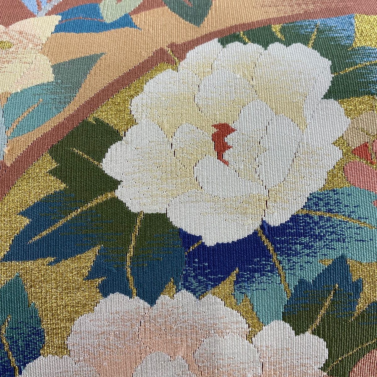 名古屋帯 秀品 八寸名古屋帯 松葉仕立て 牡丹 橘 金糸 ピンク 正絹