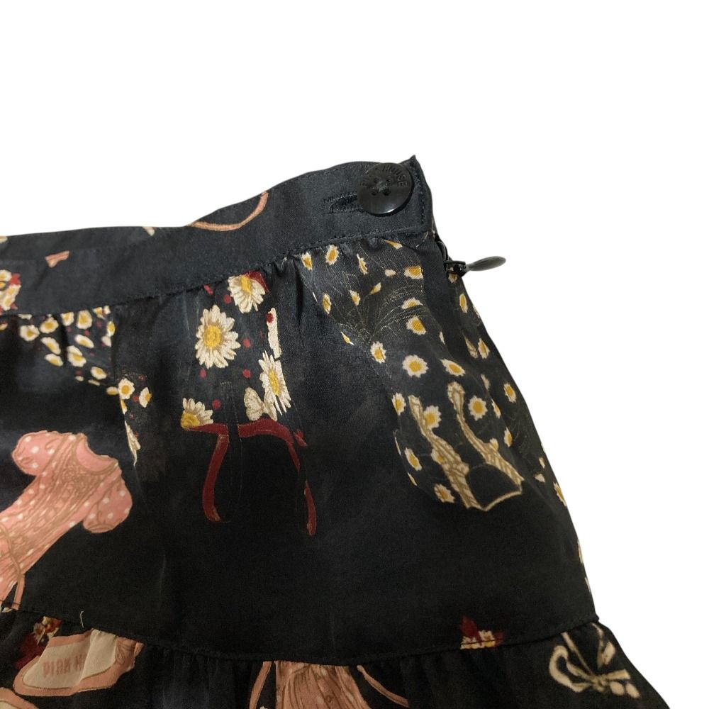 PINK HOUSE ピンクハウス ピコフリル ファッション プリント ロングフ スカート ブラック レディース 古着 GULLKHAN_COM