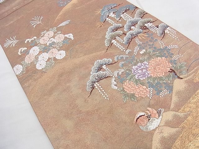 平和屋着物○六通柄袋帯 唐織 秀水 純金箔 檜扇御所車鴛鴦