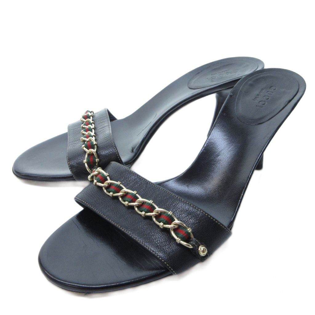 グッチ GUCCI シェリーラインチェーン サンダル ミュール ハイヒール 黒 ブラック 約23.5cm IBO81