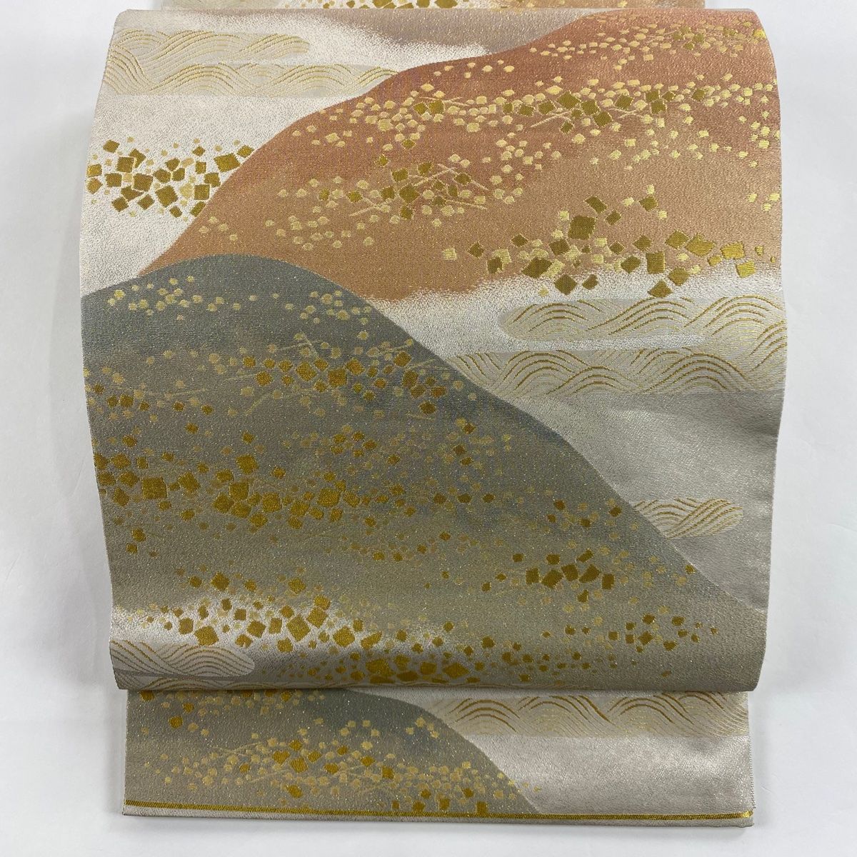 袋帯 美品 秀品 山 波 金糸 箔 ベージュ 六通 正絹 【中古