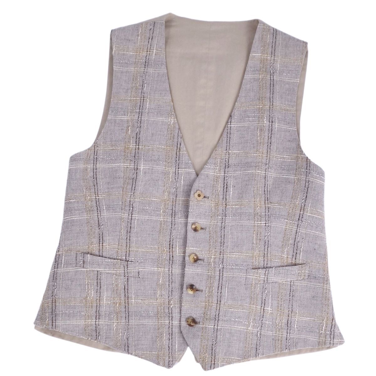 美品 ラルディーニ LARDINI ベスト ジレ チェック コットン リネン ト 
