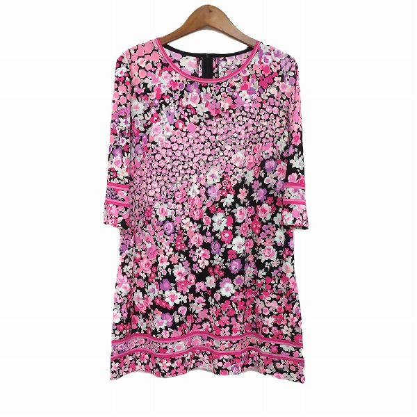 snc レオナール LEONARD チュニック 五分袖 黒 ピンク系 紫系 花柄 バックジップ レディース 972001