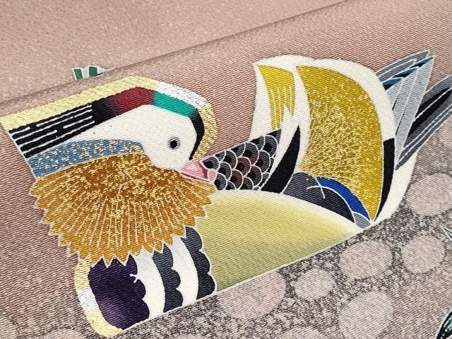 平和屋着物■極上　人間国宝・羽田登喜男　九寸名古屋帯　鴛鴦　松竹梅　金銀彩　鬼しぼ縮緬　赤白橡色地　逸品　未使用　CYAA2968s5 平和屋着物□極上 人間国宝・羽田登喜男 九寸名古屋帯 鴛鴦 松竹梅