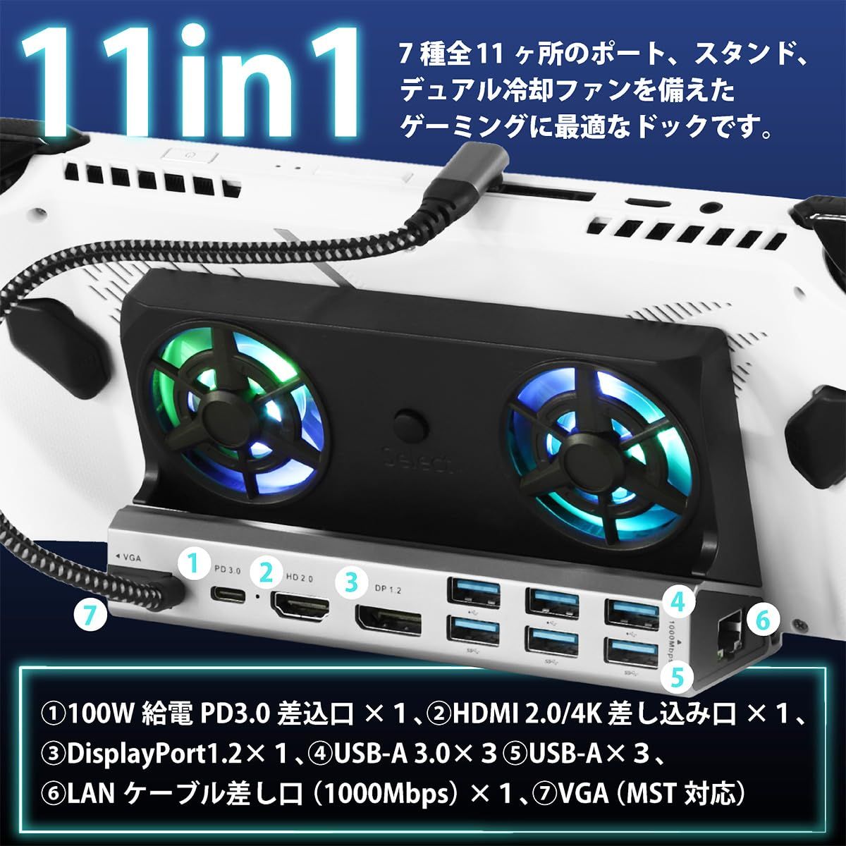 K＆SGAMER 11in1 DOCKING STATION マルチディスプレイ対応 ドッキングステーション 小型 ゲーミングドック 冷却 充電 スタンド 2画面対応 Steam Deck ROG Ally Legion GO MSI Claw AY