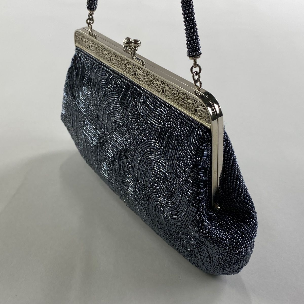 和装バッグ 秀品 ビーズバッグ フォーマル 幾何学 紺色 ビーズ 和装小物