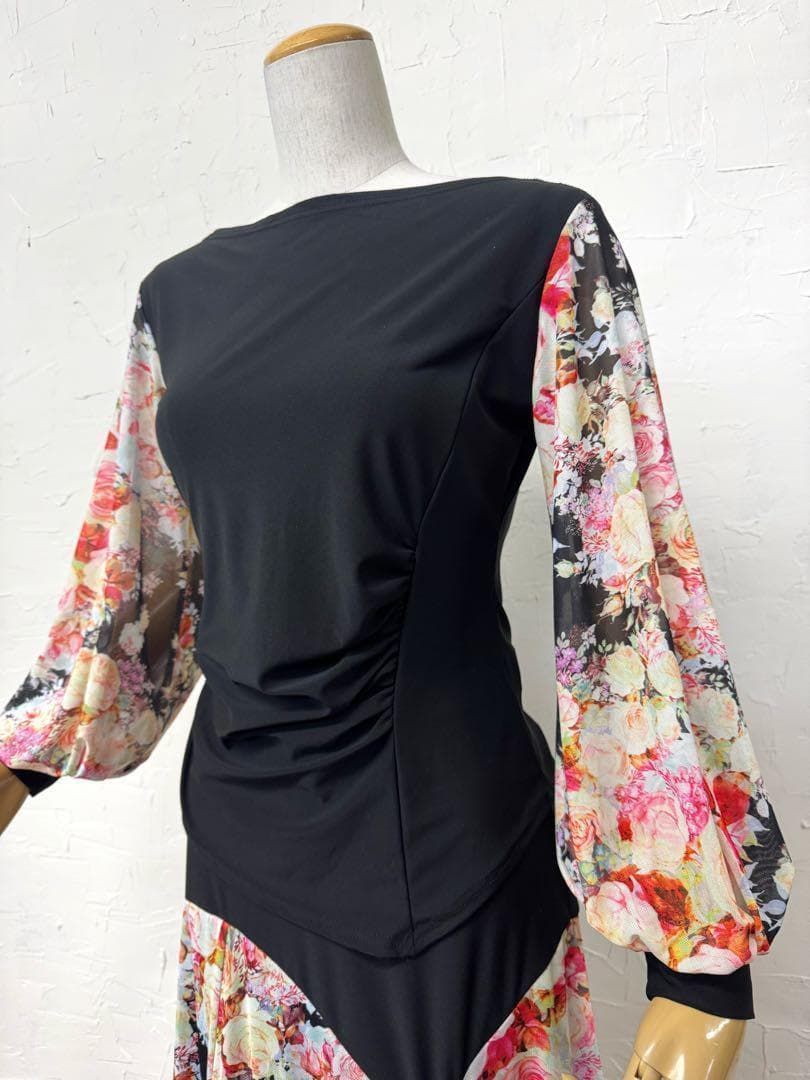 【パーティーに】新品　社交ダンス　バルーン袖　花柄セットアップ黒ｂ301 パーティーに】新品 社交ダンス バルーン袖 花柄セットアップ黒b301