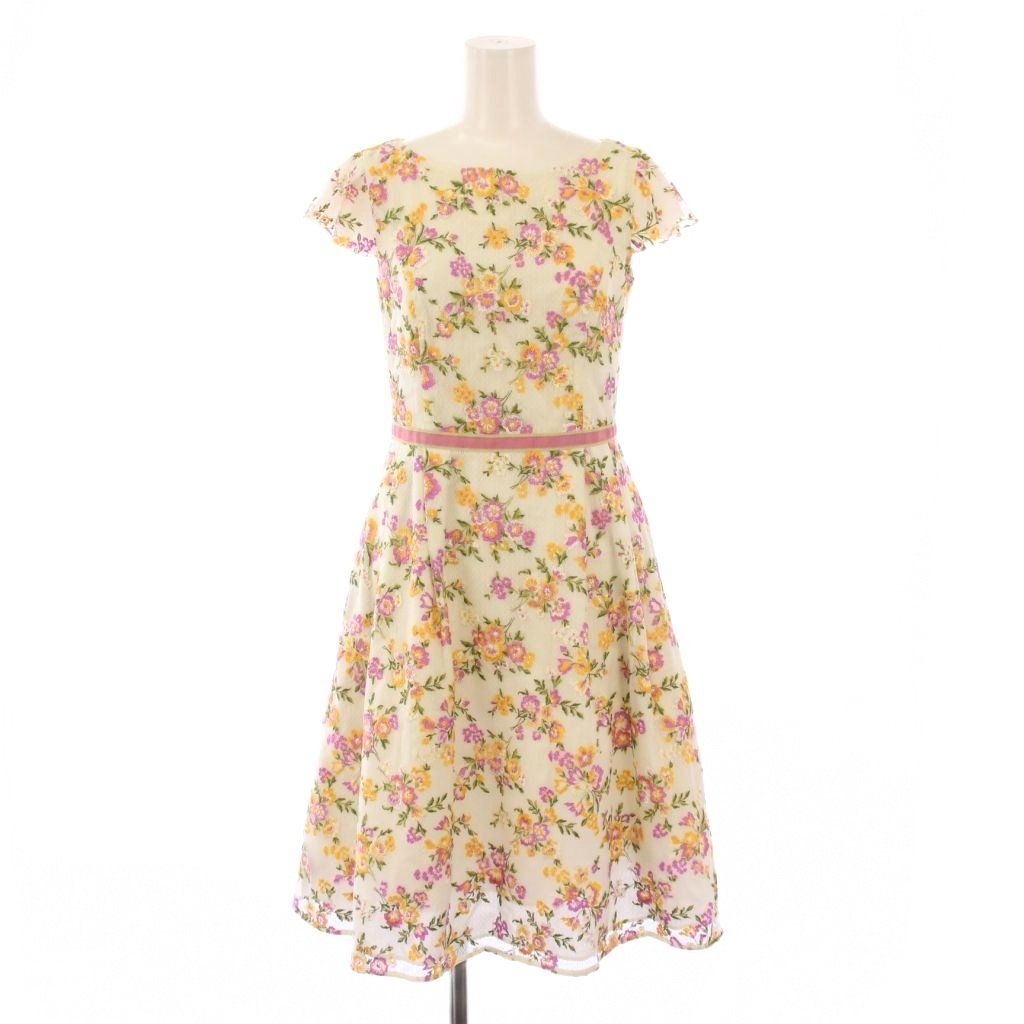 【中古】トッカ TOCCA フレアワンピース ひざ丈 半袖 クルーネック 花柄 刺繍 バイカラー 0 ピンク 黒 ブラック トッカ TOCCA フレアワンピース ひざ丈 半袖 クルーネック 花柄 刺繍