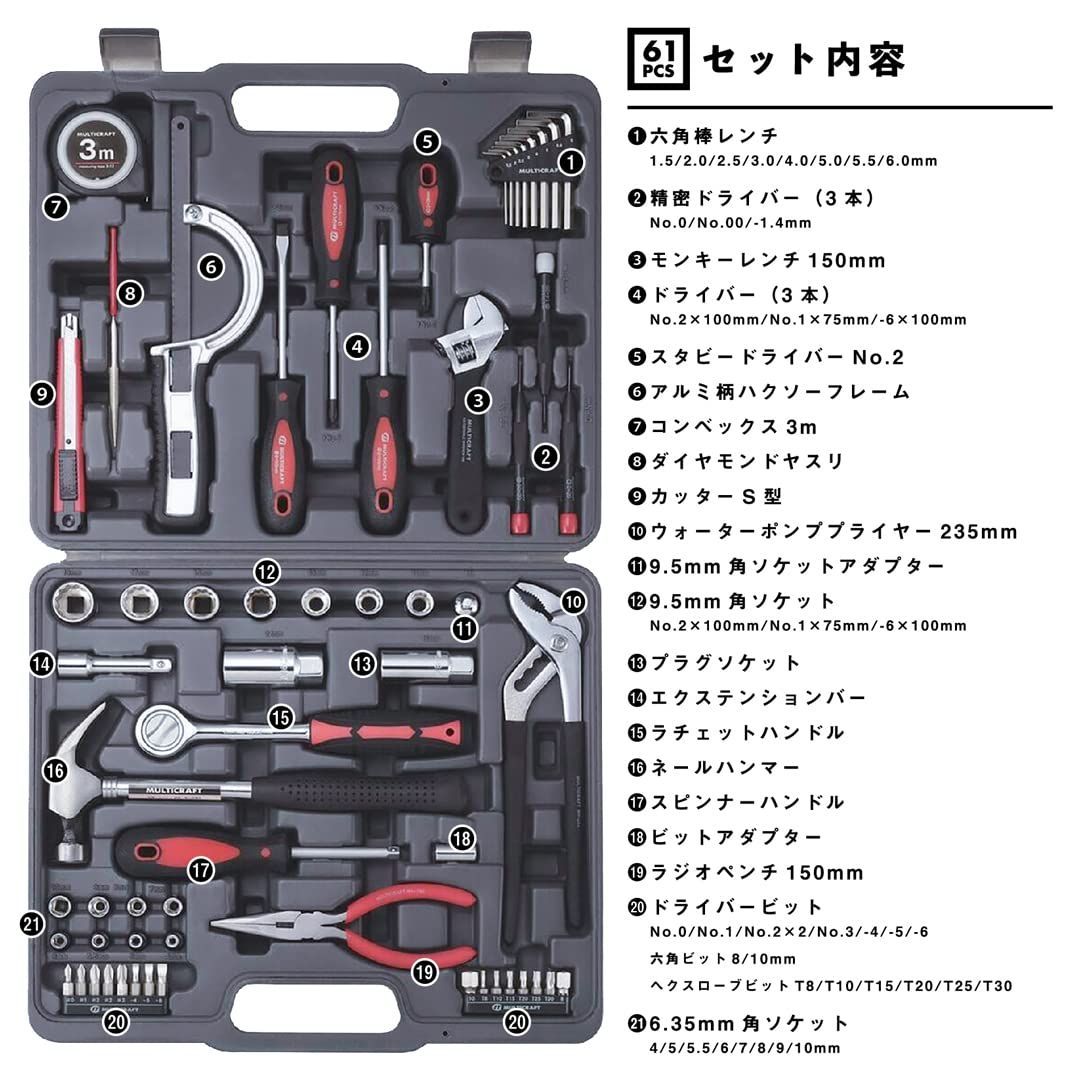 工具セット コンパクト メンテナンス 家庭 オフィス 作業 DIY 修理 355x310x82mm 補修 収納ケース付 61点 修繕 メカビット マルチクラフト ツールセット MB-61 角利 KAKURI
