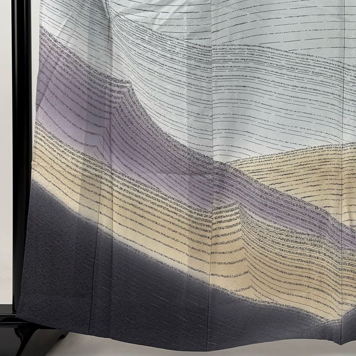 訪問着 身丈160cm 裄丈67.5cm L 単衣 落款 波 幾何学模様 染め分け ぼかし 青灰色 正絹 秀品