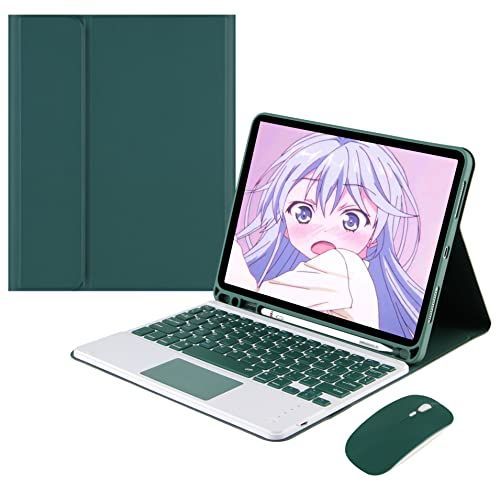 iPad6/iPad5/Air2_深緑(+マウス) 人気 iPad 5 iPad 6 Air2 キーボードケース マウス付き タッチパッド搭載 ペンシルホルダー付き 脱着式 Bluetooth キーボード 可愛い 軽量 薄型 おしゃれ iPad 第5世代 第6