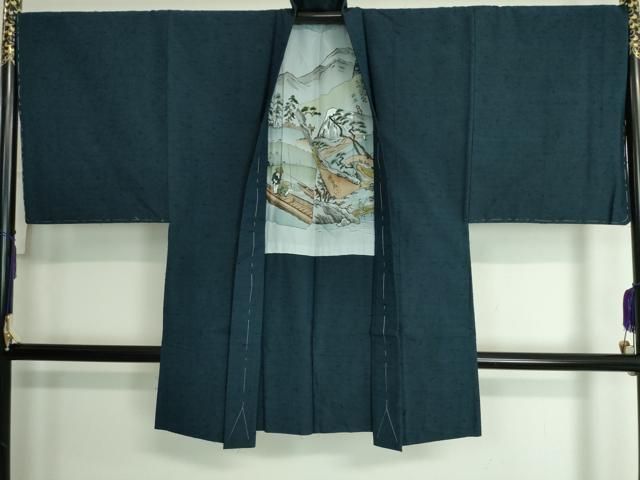 平和屋着物□極上 男性 紬 アンサンブル 長羽織・髭紬 濃藍色 逸品 未