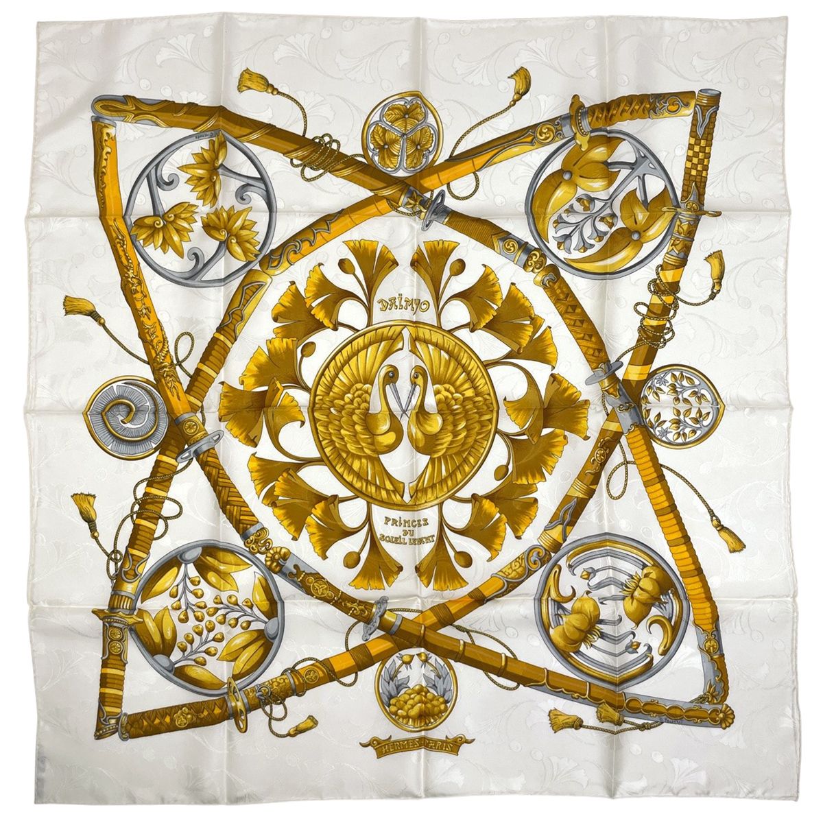 エルメス HERMES カレ 90 DAIMYO PRINCES DU SOLEIL LEVANT 大名 日出る国の皇子 家紋 スカーフ スカーフ シルク ホワイト マルチ レディース