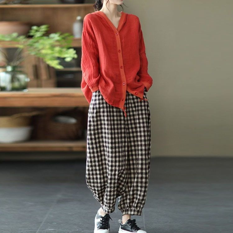 M－4XLサイズ！チェック柄パンツ レディース サルエルパンツ 九分丈