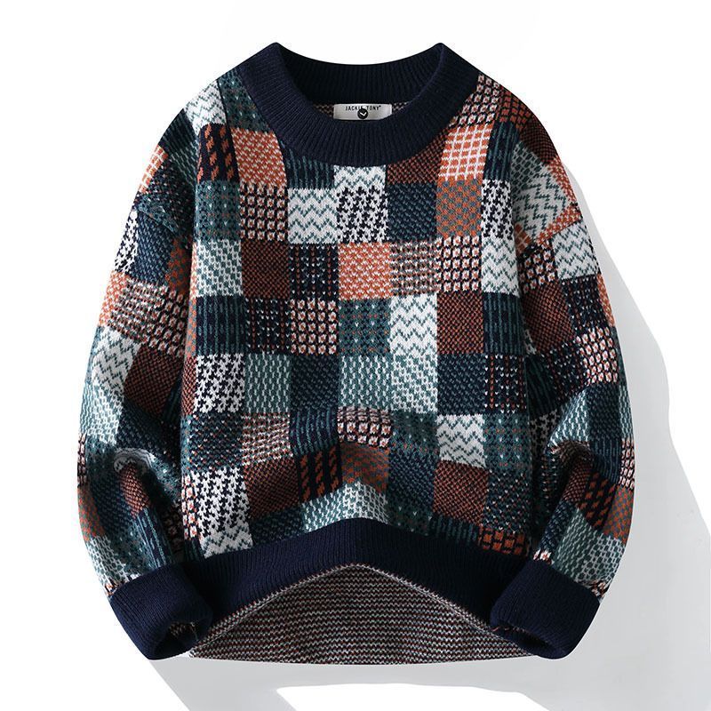 チェック柄 ニットセーター 即 OK メンズ ニット セーター 幾何学模様 総柄 配色 クルーネック 厚手 防寒 保温 プルオーバー 暖かい 長袖 トップス おしゃれ 通勤 通学 カジュアル シンプル きれいめ 秋服 冬服 秋 冬 danjs 07