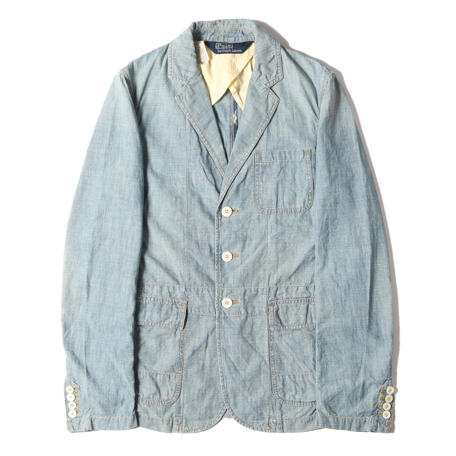 POLO Ralph Lauren ポロ ラルフローレン ジャケット サイズ:S 00s ドリップ加工 シャンブレー 3つボタン テーラードジャケット インディゴ アウター ブルゾン 上着【メンズ】