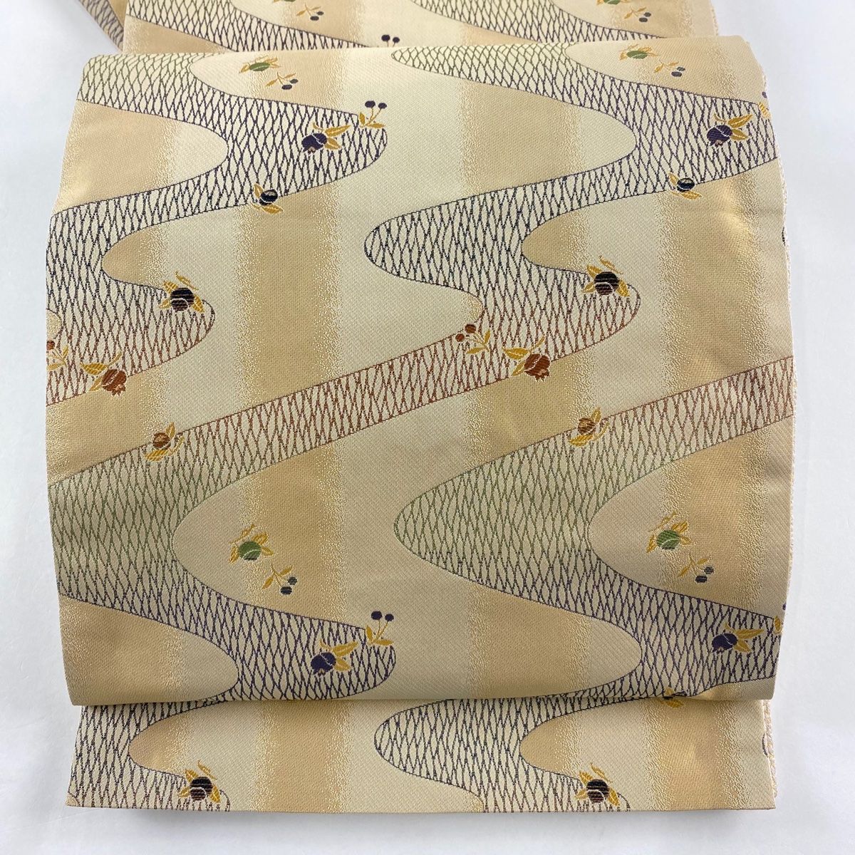 競ナビ】名古屋帯 優品 夏帯 紗 流水 銀糸 箔 ベージュ 正絹 【中古】