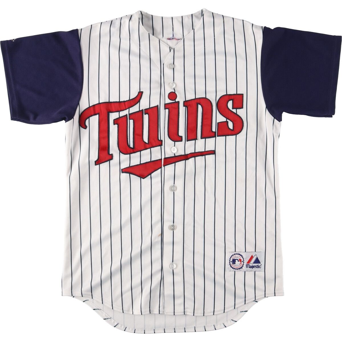 古着 Majestic MLB MINNESOTA TWINS ミネソタツインズ ストライプ柄 レプリカ ゲームシャツ ベースボールシャツ メンズL/eaa454321