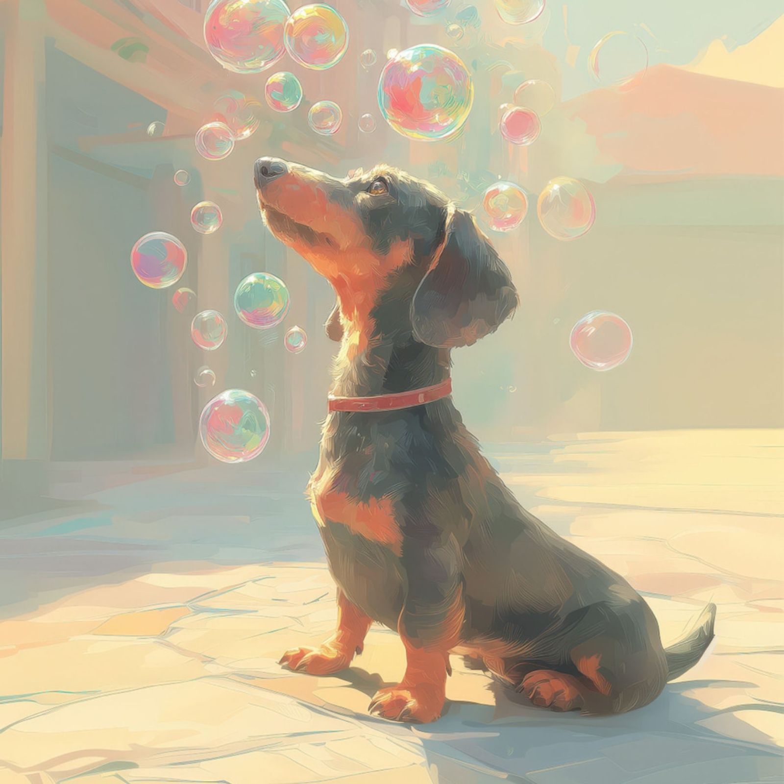名入れOK 犬とシャボン玉 - ダックスフンド犬 No.3 ブラックタン アートポスター うちの子記念日 ペットロス 北欧 ナチュラル