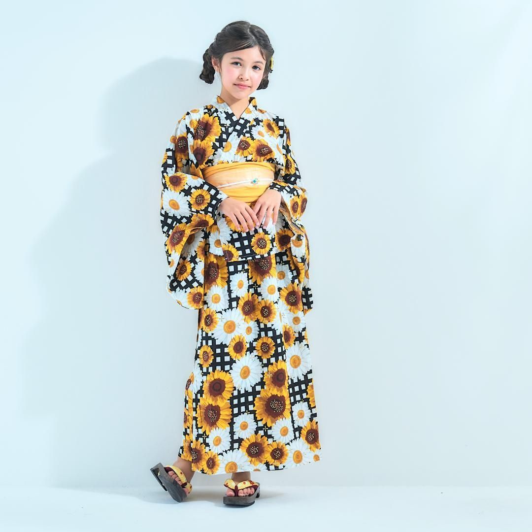 キッズ 子供 2way 浴衣 ワンピース 帯付き 黄色 黒 ひまわり 100