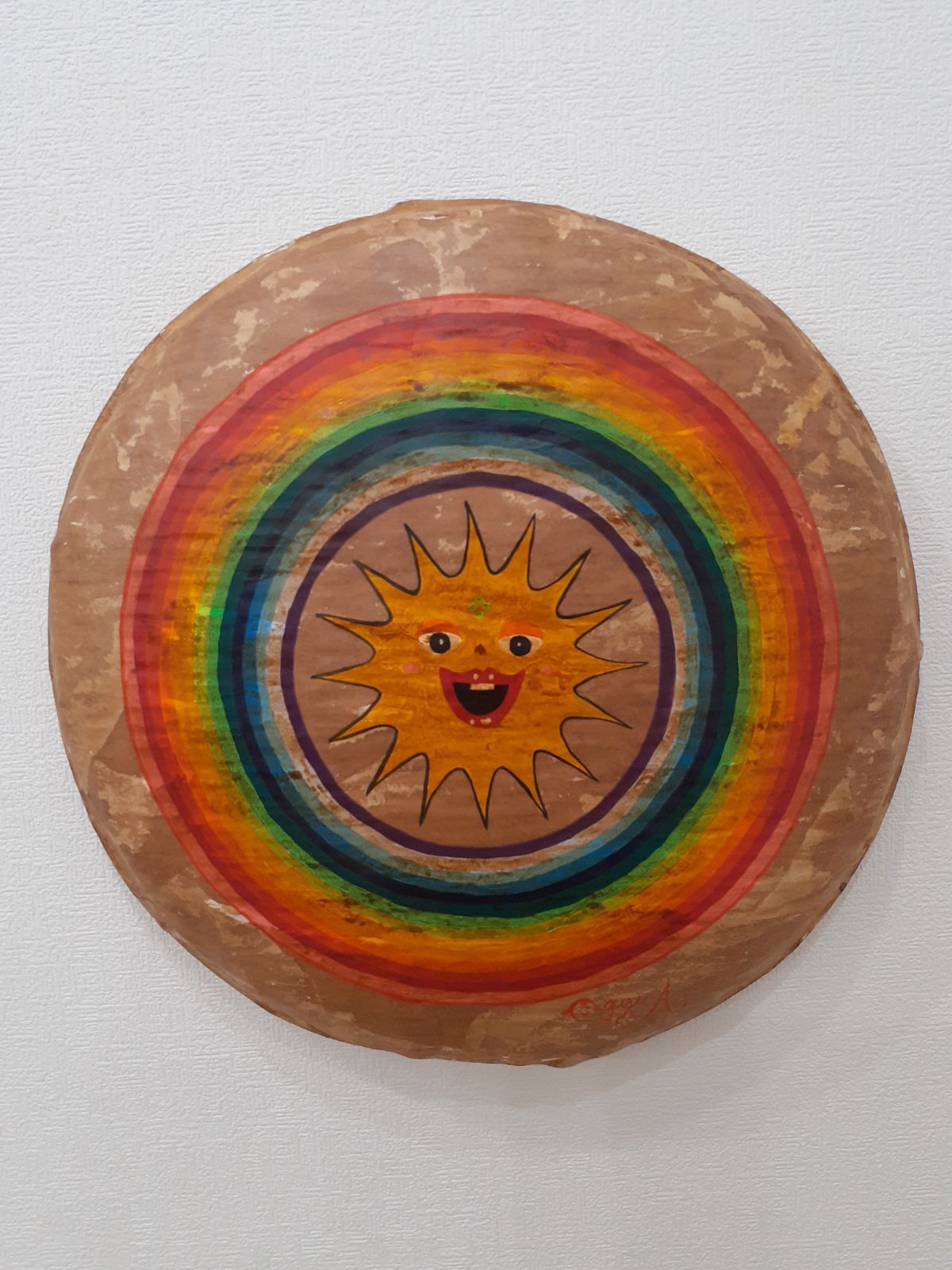 一閑張りのハッピー太陽と虹 籠に和紙 アクリル絵の具に柿渋 画家 小楠 
