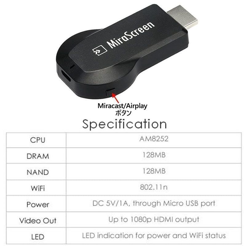 MiraScreen ドングル 2.4G 1080P HDMI WiFi ワイヤレス
