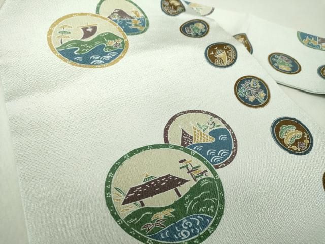 平和屋着物○九寸名古屋帯 型染 流水花舟丸文 鬼しぼ縮緬 正絹 逸品 未  