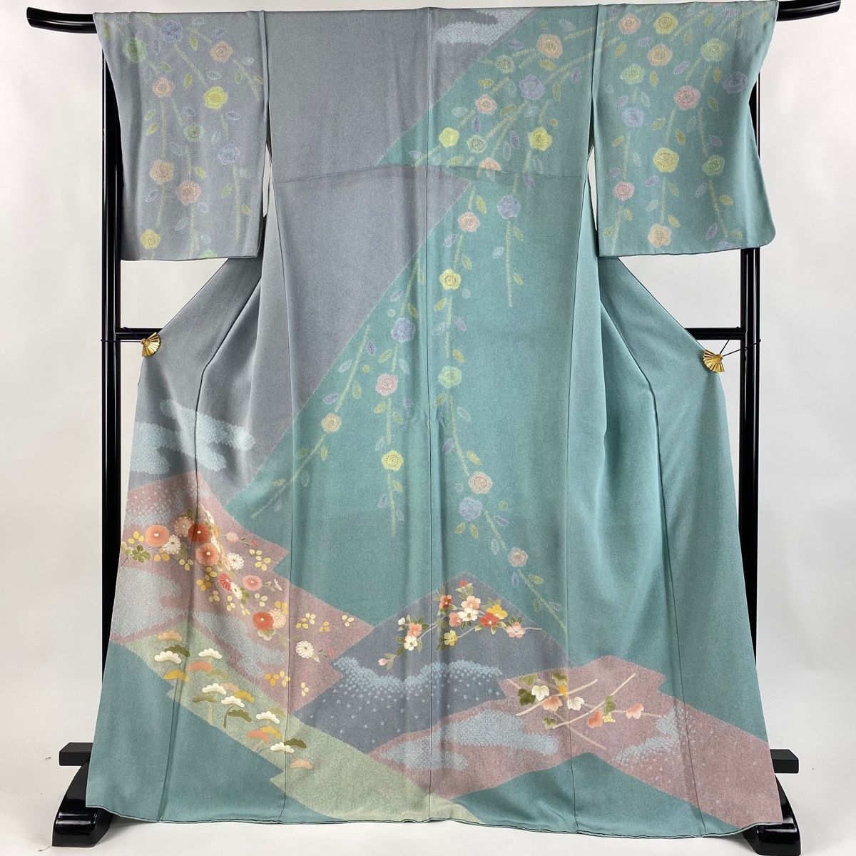 訪問着 身丈169cm 裄丈69.5cm L 袷 菊 松 金彩 青灰色 正絹 名品