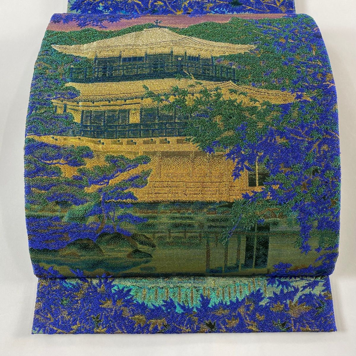袋帯 逸品 佐波理 落款 佐波理綴 錦秋金閣寺 金糸 箔 青 六通 正絹 