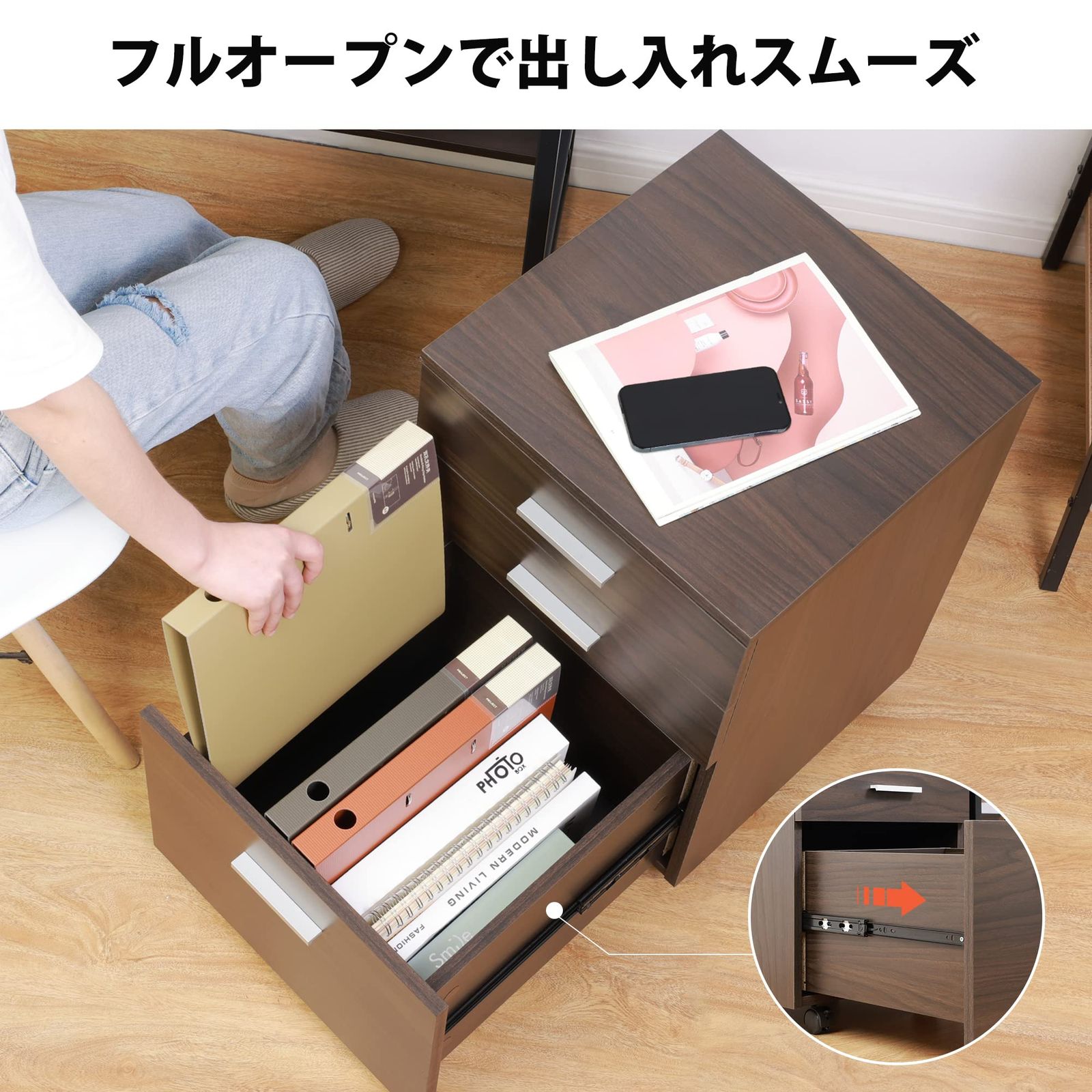 幅400 奥行400 高さ595mm キャスター付き 大容量 ダークブラウン A4対応 3段 木製 袖机 オフィスワゴン 木目 キャビネット サイドワゴン デスクワゴン DEVAISE