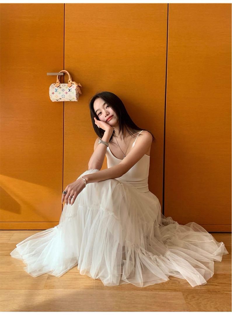 夏秋 韓国風ハイウエストロングワンピースレースキャミソールメッシュチュールドレス