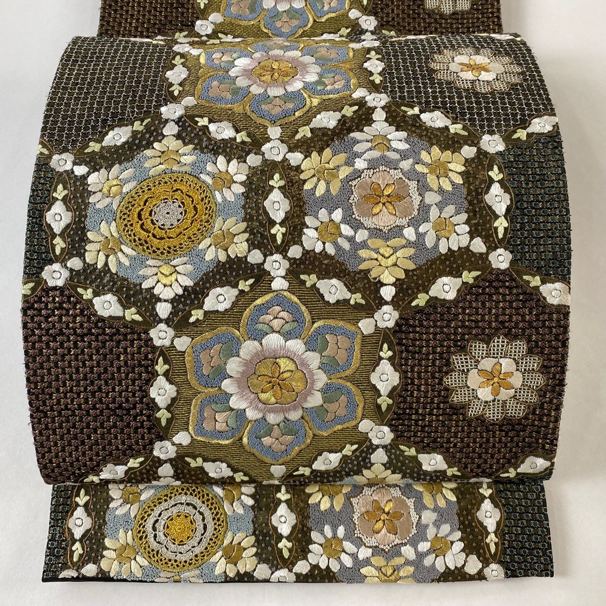逸品 汕頭刺繍 華文様の袋帯 蘇州刺繍 正絹 金糸 金通し お太鼓柄 袋帯